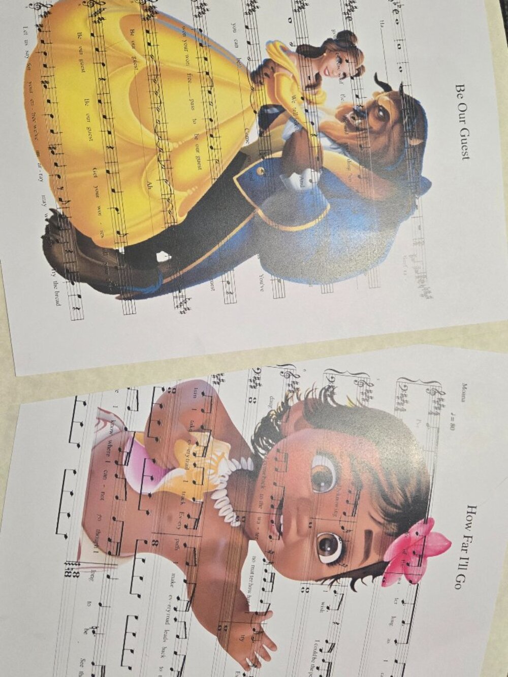 Disney Sheet Music Art Prints | Beauty and the Beast & Moana | EUC